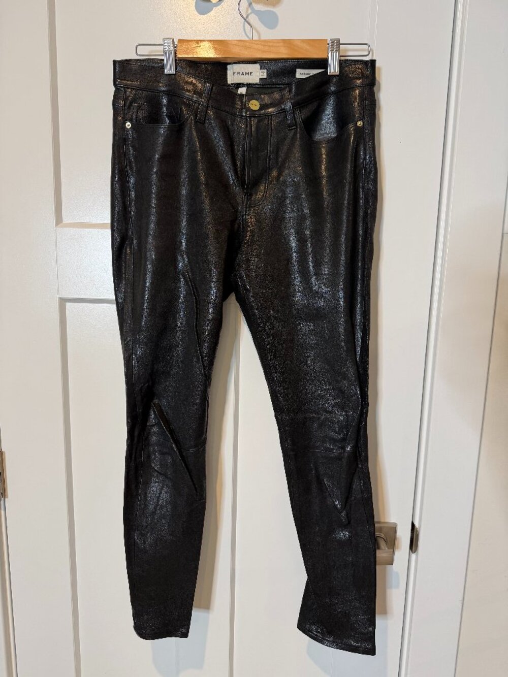 Frame Le Skinny Black Jeans Coated Metallic Size 30